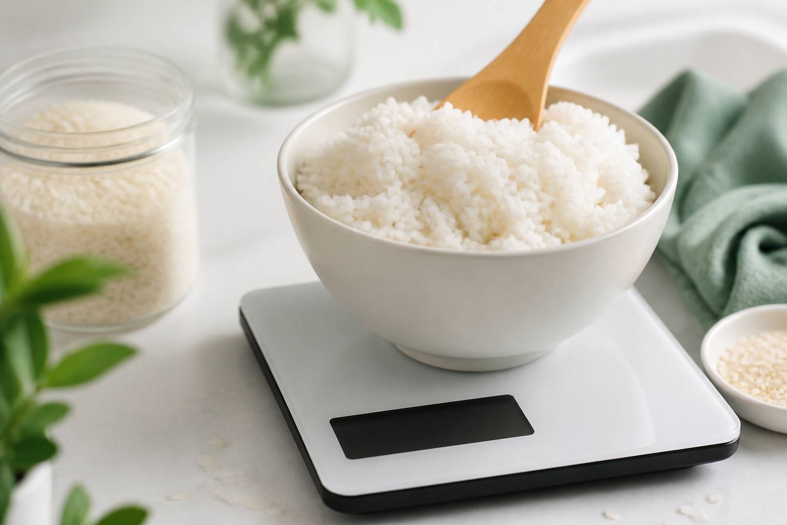 Bol de riz cuit posé sur une balance de cuisine au fond flou
