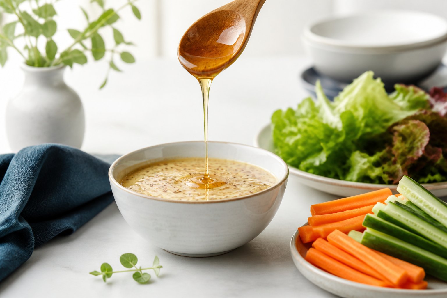 Bol de sauce miel-moutarde accompagné de crudités et d'une salade verte dans une assiette claire