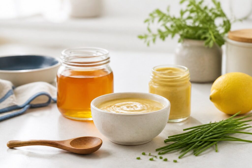 Bol de sauce miel-moutarde crémeuse avec pot de miel, moutarde, ciboulette et citron sur fond clair