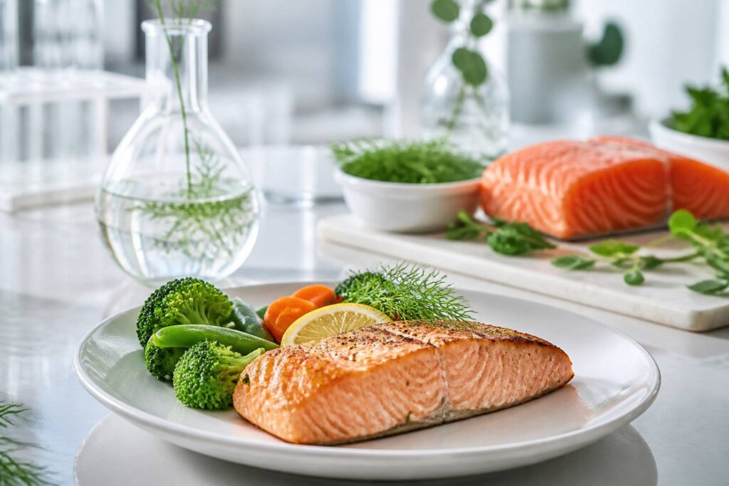 Pavé de saumon cuit rosé avec légumes et citron dans une assiette