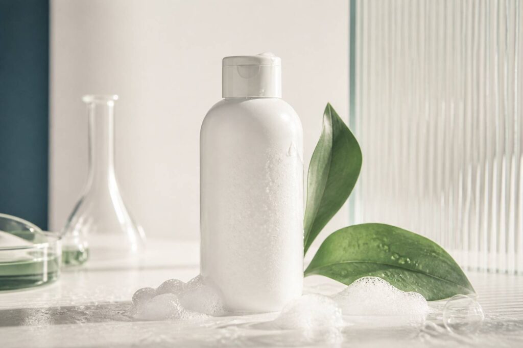 Flacon de shampooing sans marque sur un fond de laboratoire clair