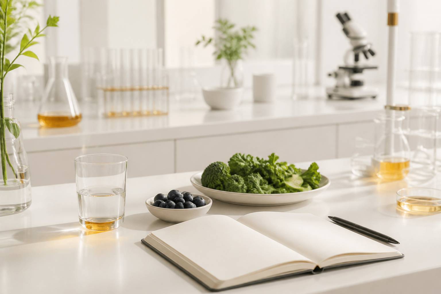 Verre d'eau, fruits rouges et carnet sur une paillasse de laboratoire