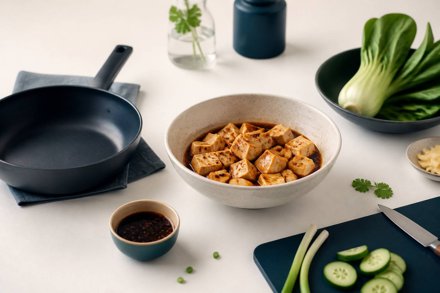 Dés de tofu marinés avec des légumes dans une poêle de cuisson