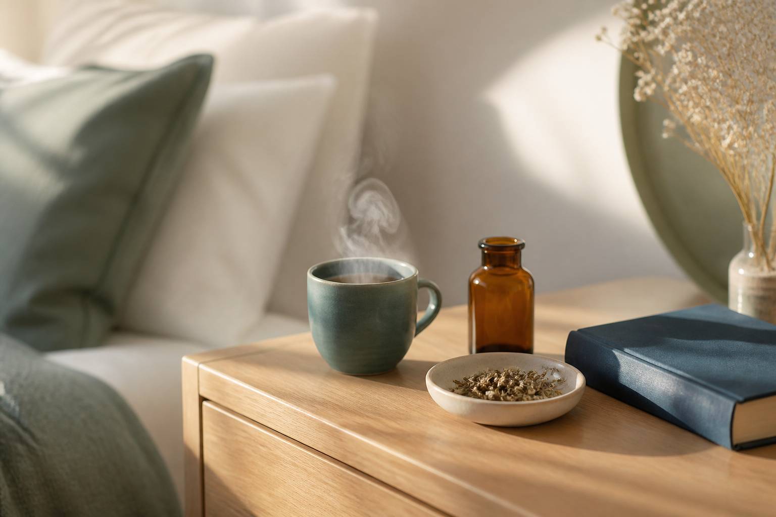 Tasse d'infusion et flacon sans étiquette sur une table de nuit