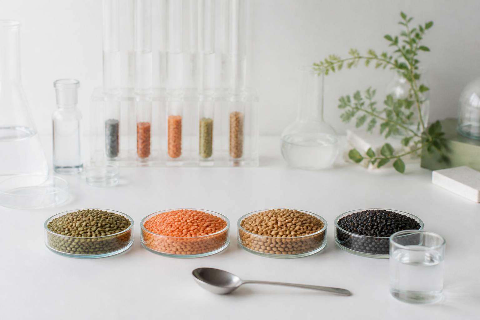 Quatre coupelles de variétés de lentilles sèches alignées