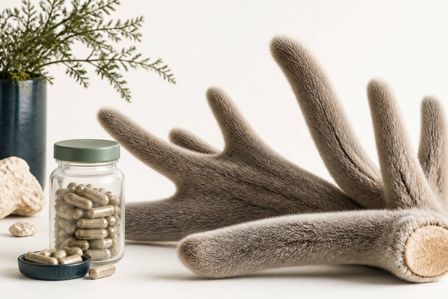 Gros plan sur le velours de cerf et un flacon de gélules sans marque
