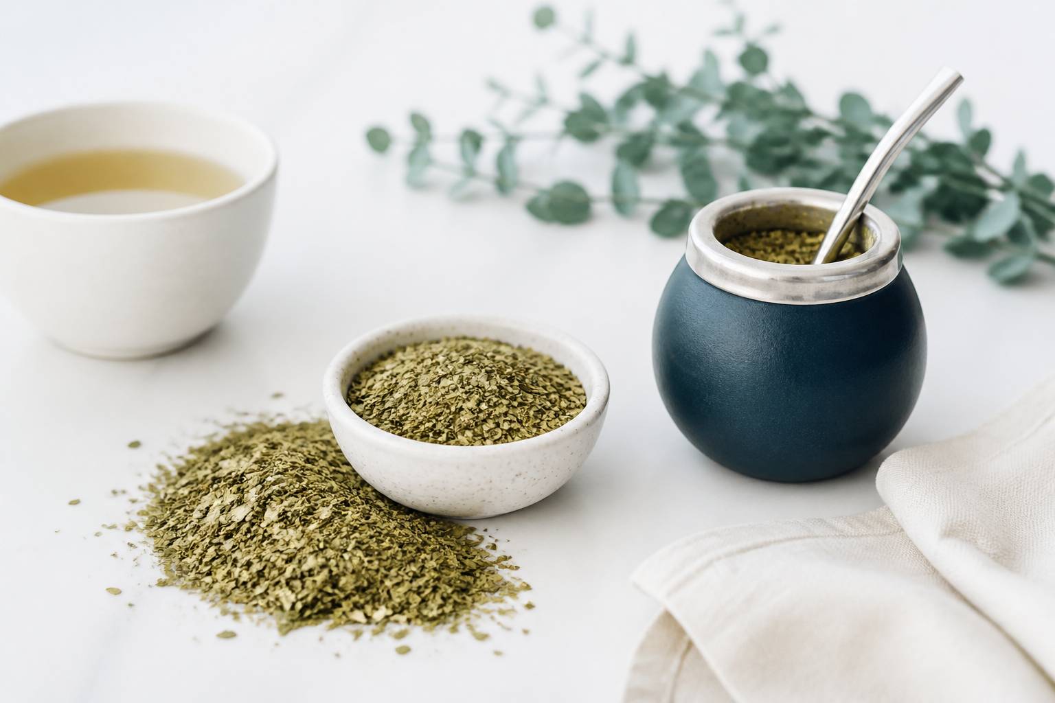 Feuilles de yerba maté et calebasse avec une tasse d'infusion