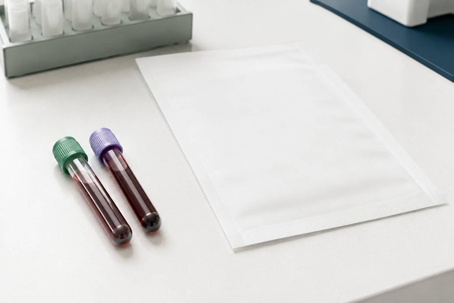 Tubes de prélèvement sanguin et pochette de résultats vierge au laboratoire