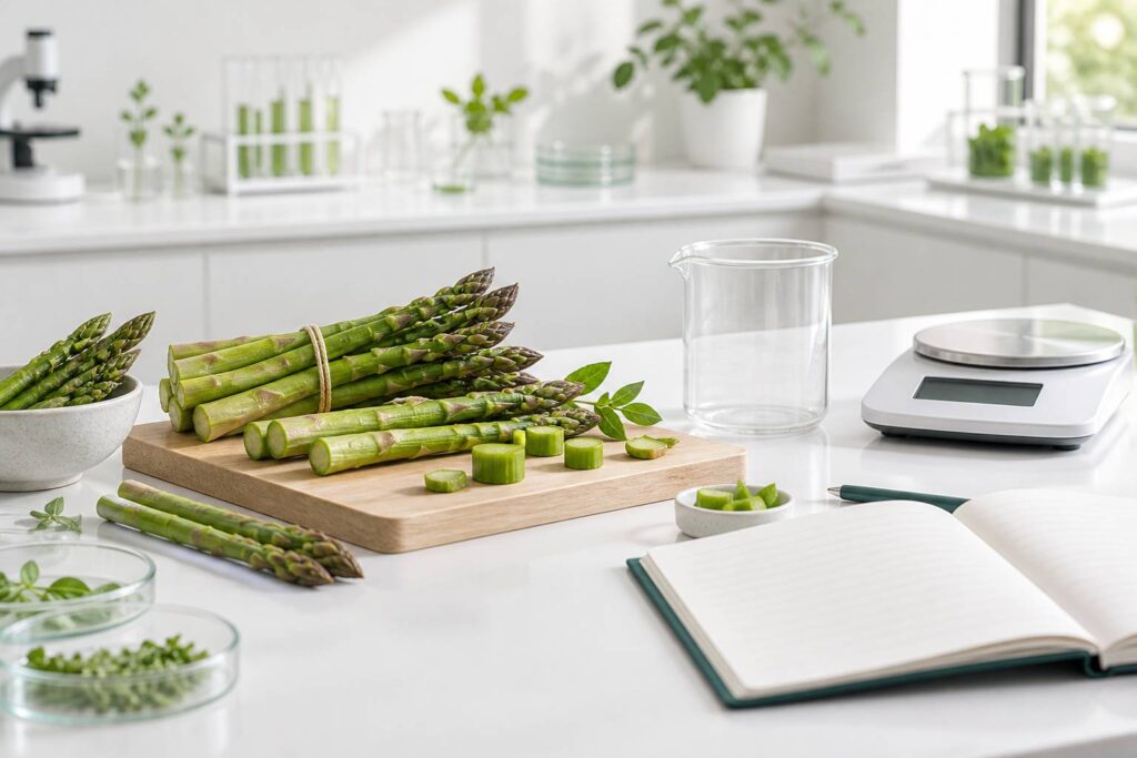 Bottes d'asperges vertes fraîches sur une planche avec balance