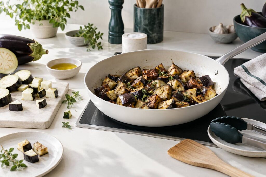 Illustration éditoriale du sujet : Aubergine à la poêle : recette, calories et astuces de cuisson