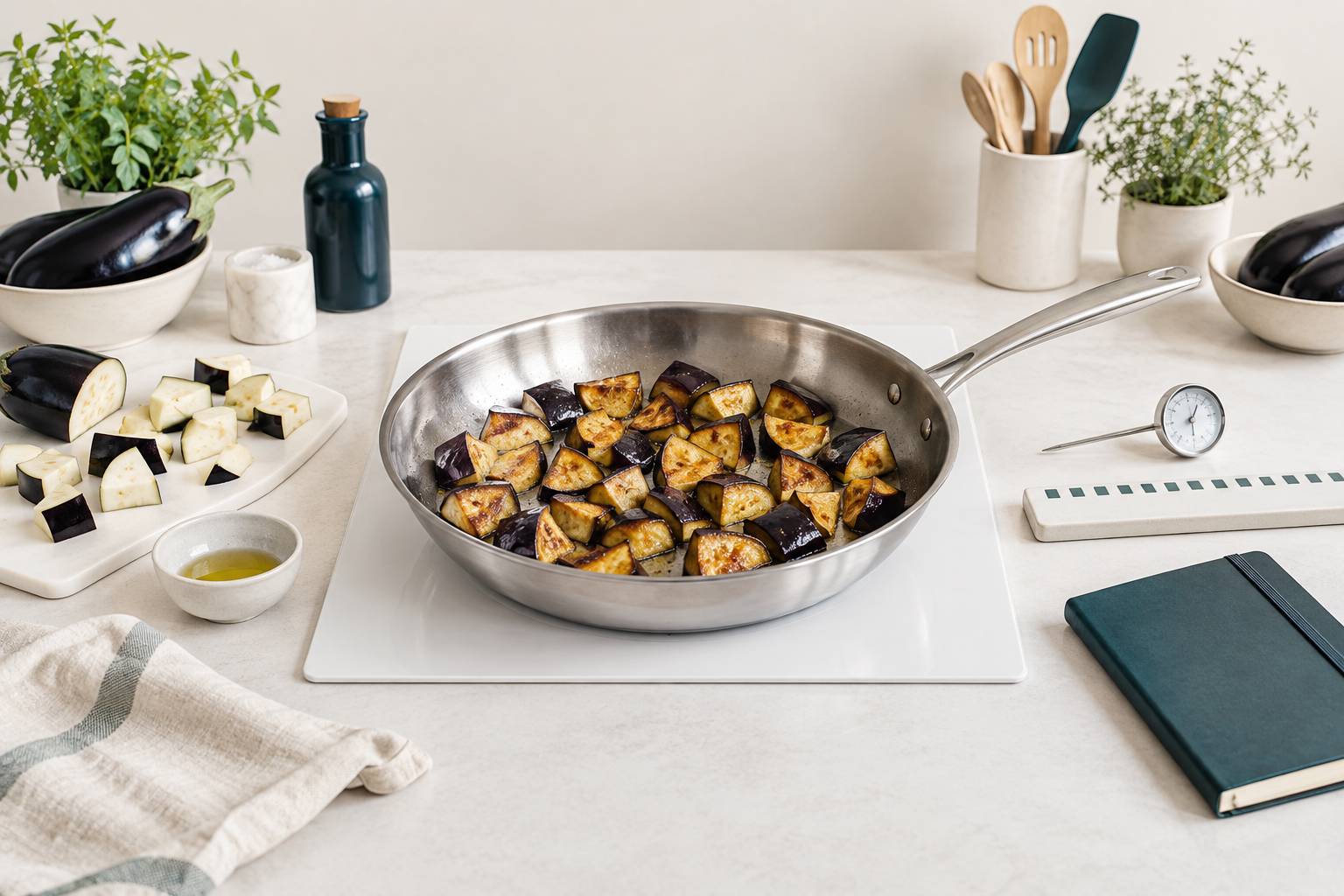 Illustration éditoriale du sujet : Aubergine à la poêle : recette, calories et astuces de cuisson