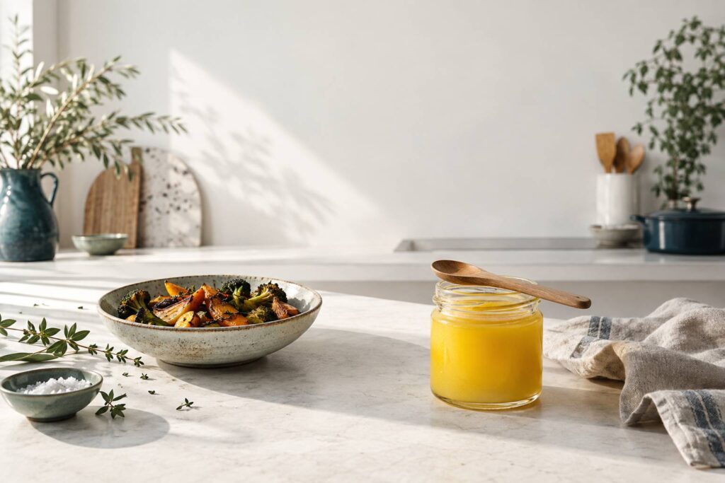 Pot de beurre clarifié doré avec cuillère en bois et légumes rôtis