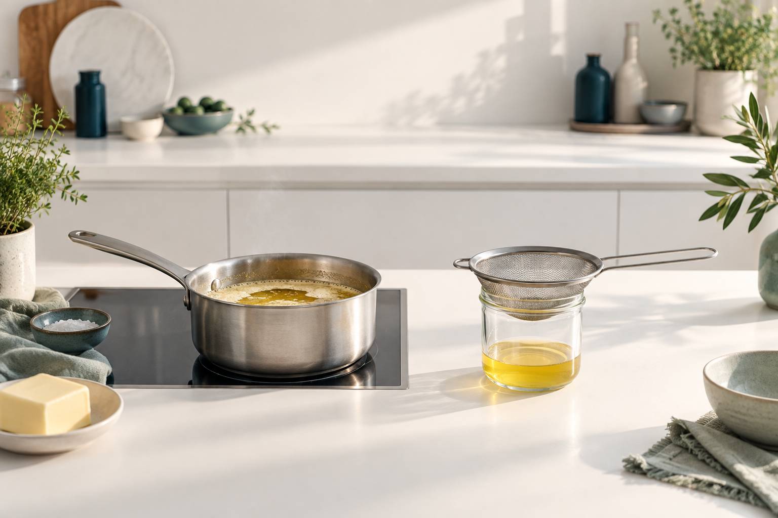 Casserole de matière grasse clarifiée avec passoire et bocal
