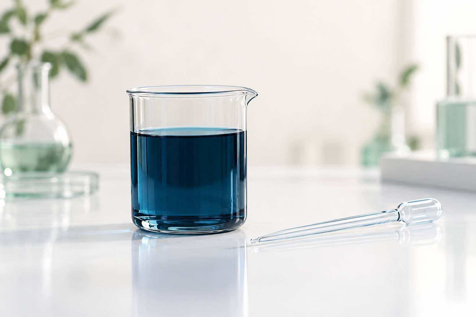 Becher de verre contenant une solution bleue sur une paillasse claire