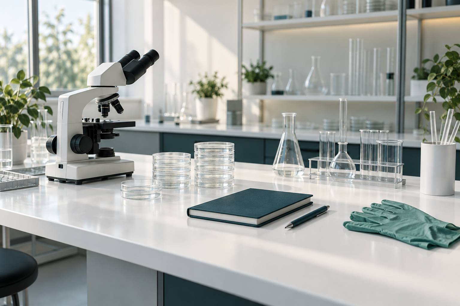 Paillasse de laboratoire avec microscope, boîtes de Petri et carnet fermé