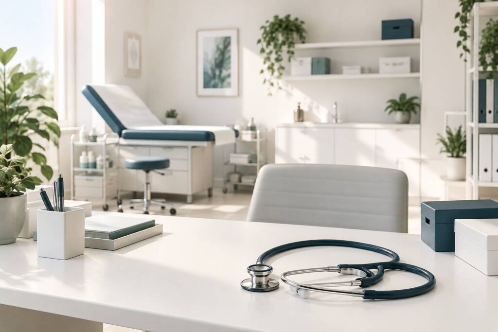 Cabinet medical clair avec stethoscope pose sur un bureau sans personne