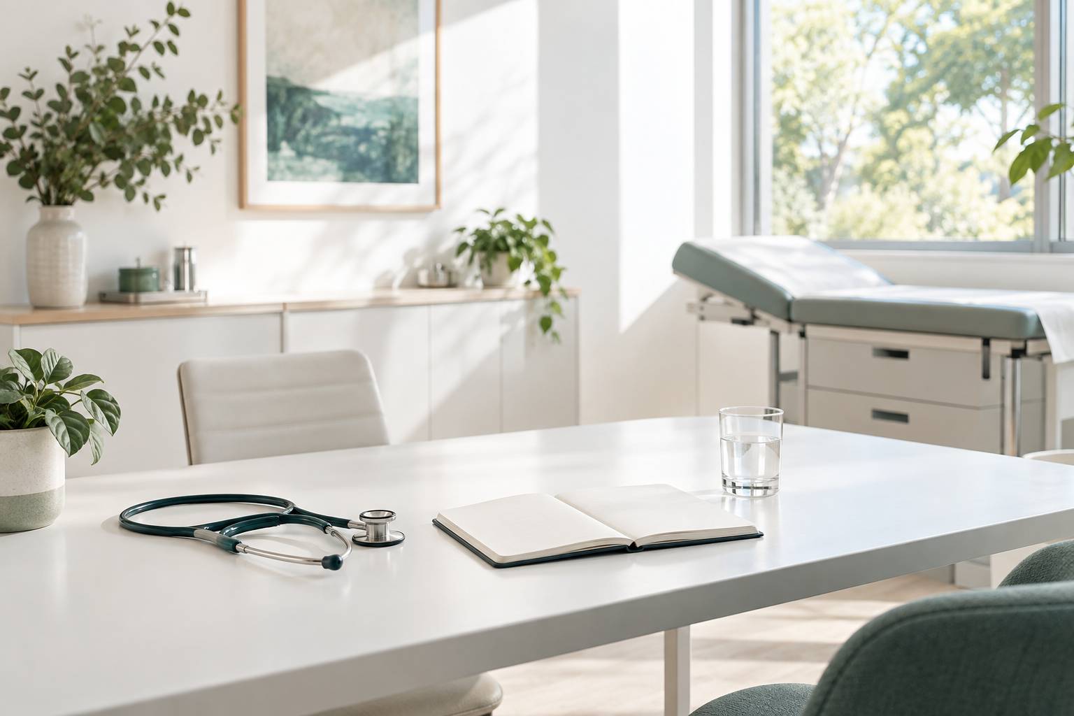 Table de consultation avec stethoscope et verre d'eau sur fond blanc