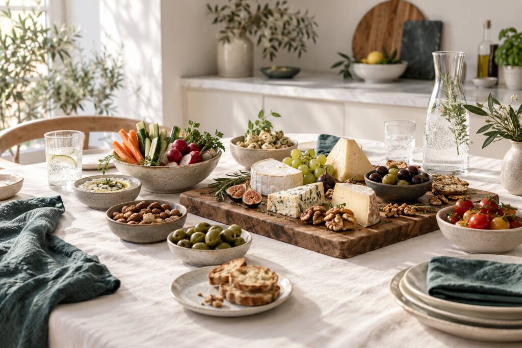 Table d'aperitif avec planche de fromages, legumes croquants et olives