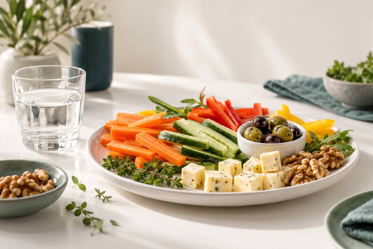 Assiette d'aperitif equilibree avec legumes frais, fromage et olives