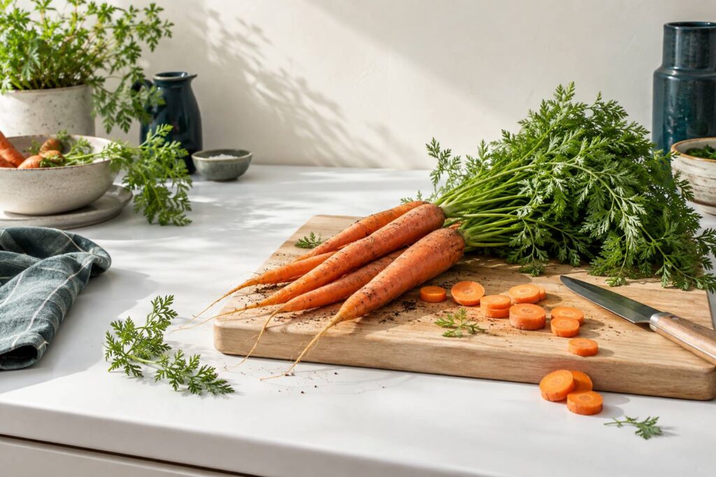 Botte de carottes fraiches avec fanes sur une planche en bois de cuisine