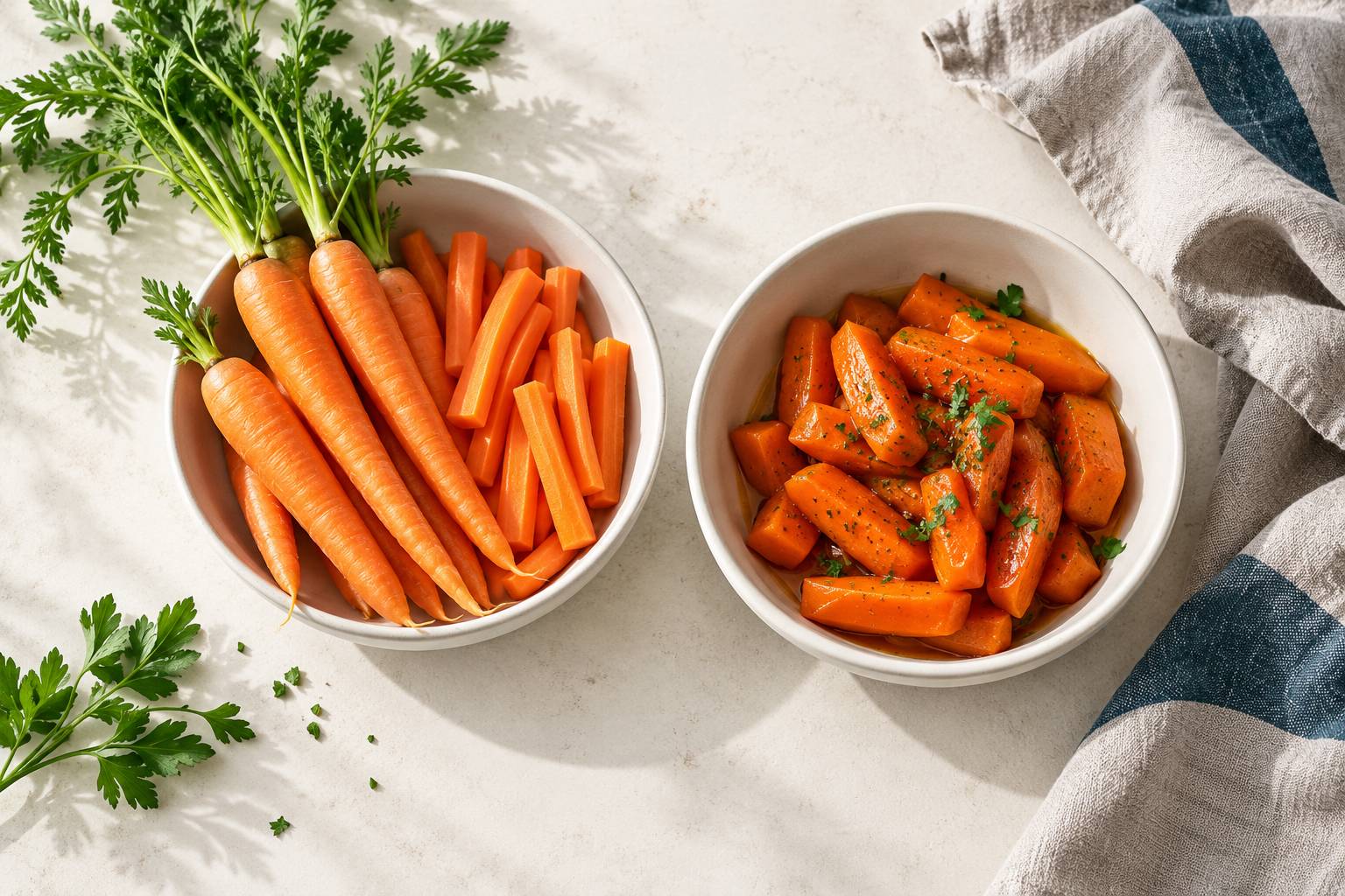 Carottes crues et cuites dans deux bols en ceramique cote a cote