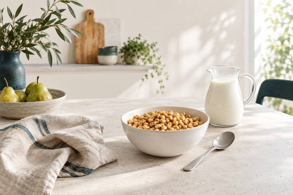 Bol de céréales soufflées avec cuillère et pichet de lait sur une table