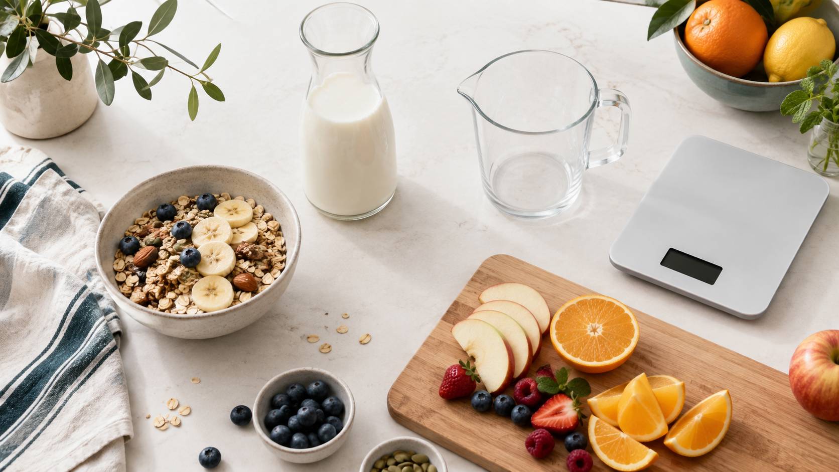 Bol de céréales entouré de fruits frais et d'une carafe de lait