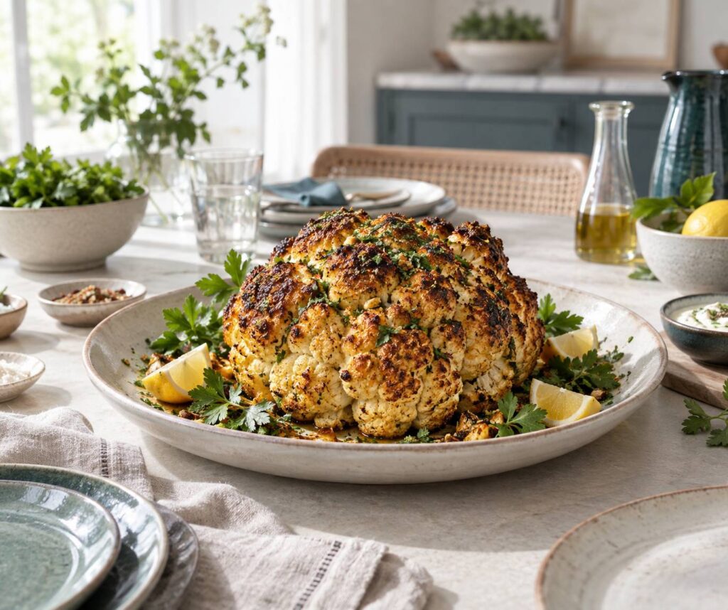 Chou-fleur rôti entier doré aux épices dans un plat en céramique sur table claire