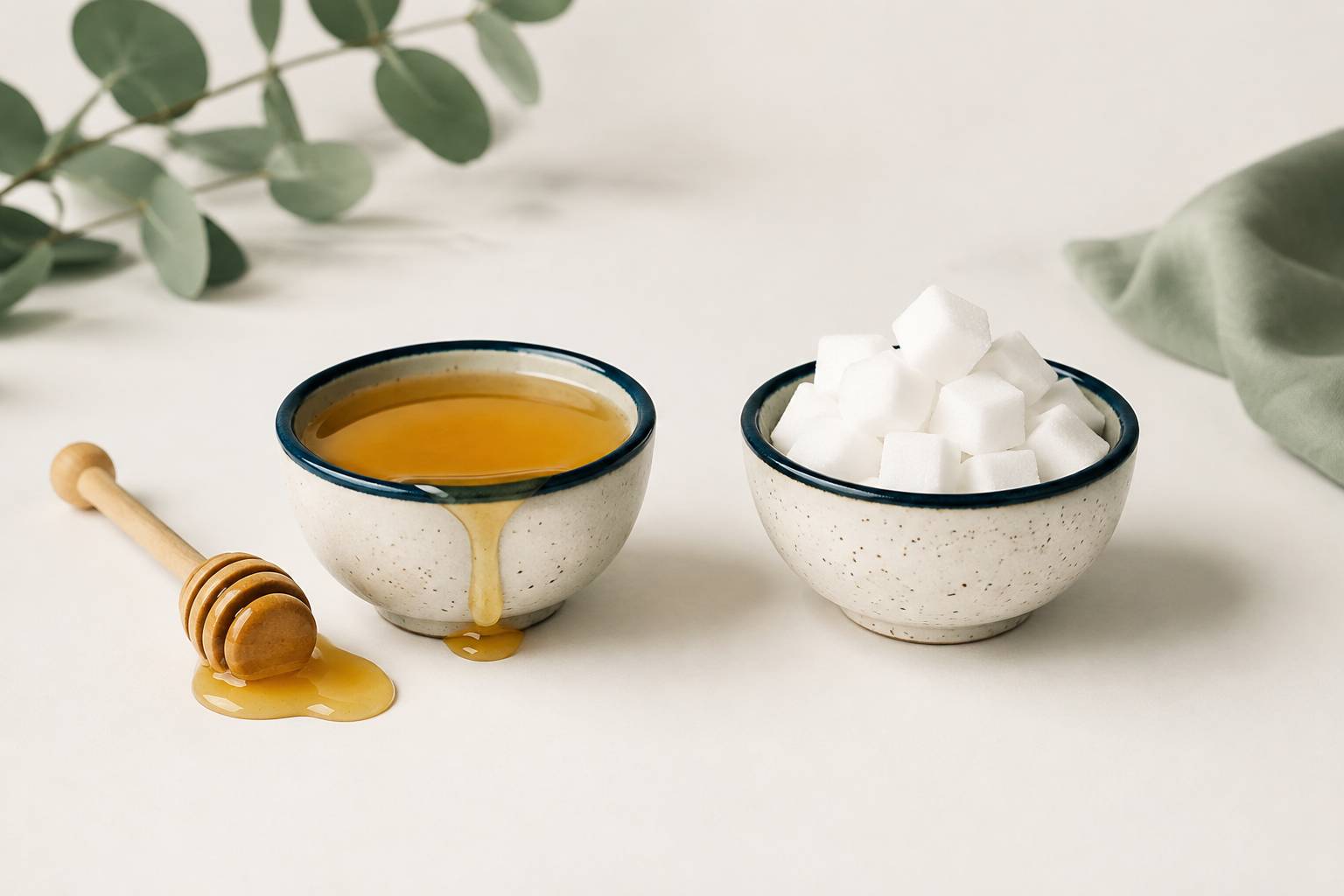 Deux coupelles comparant du miel doré coulant et du sucre blanc en morceaux sur fond clair