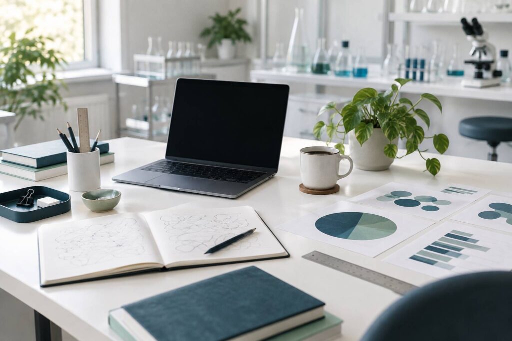 Bureau d'analyse avec notes, graphiques abstraits et ordinateur a ecran eteint