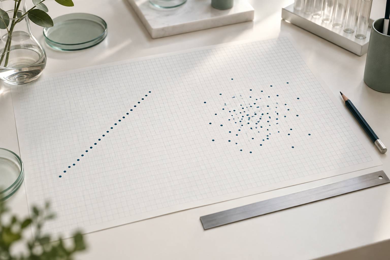 Deux series de points sur papier millimetre vierge avec regle et crayon