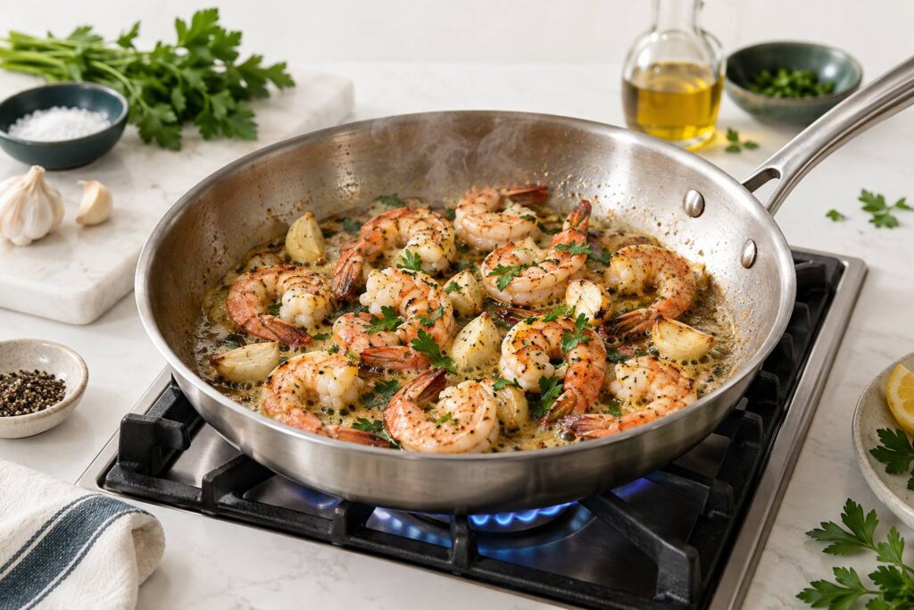 Crevettes sautées à l'ail et au persil dans une poêle en acier