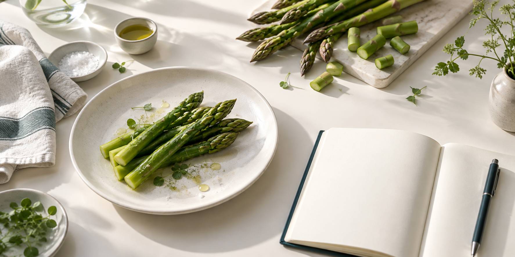 Détail de tiges d'asperges vertes coupées et cuites à la vapeur