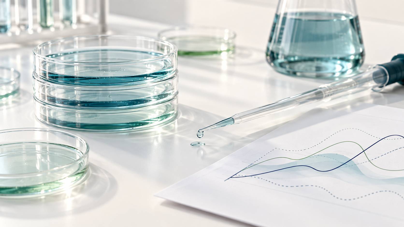 Boîtes de Pétri et pipette sur une paillasse de laboratoire