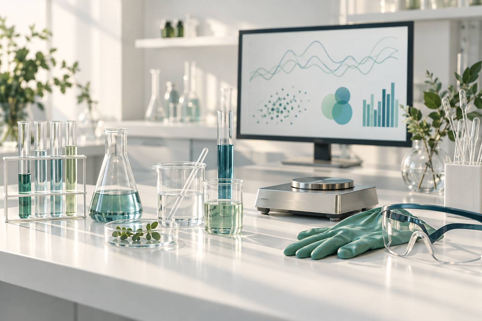 Détail d'éprouvettes, d'une balance et d'un écran d'analyse en laboratoire