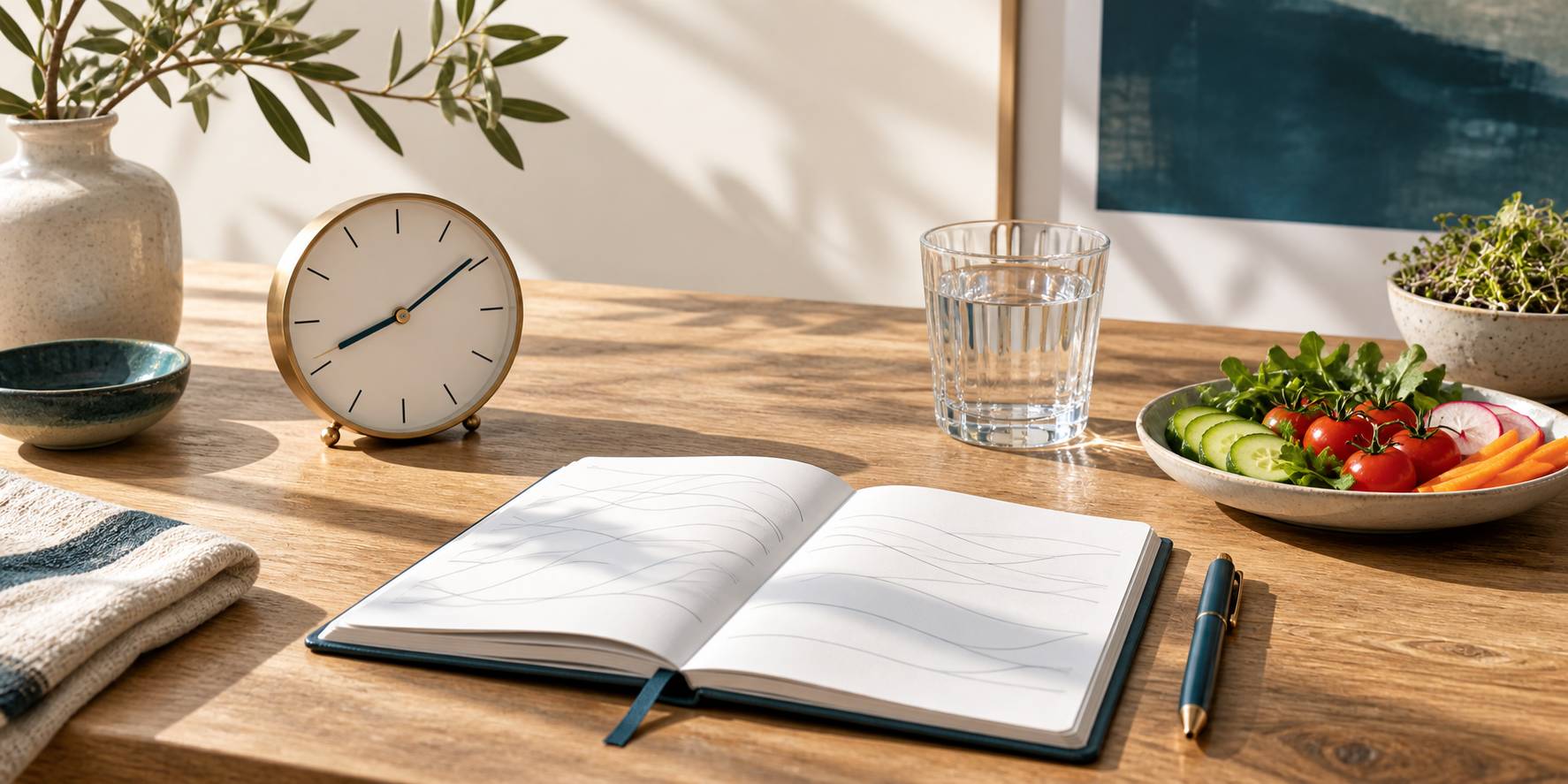 Détail d'une horloge et d'un carnet de suivi à côté d'une assiette de légumes