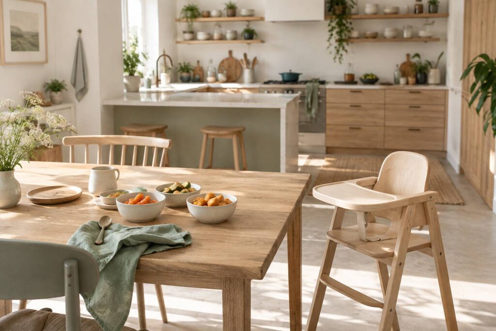 Chaise haute generique et petits bols de legumes cuits sur une table claire