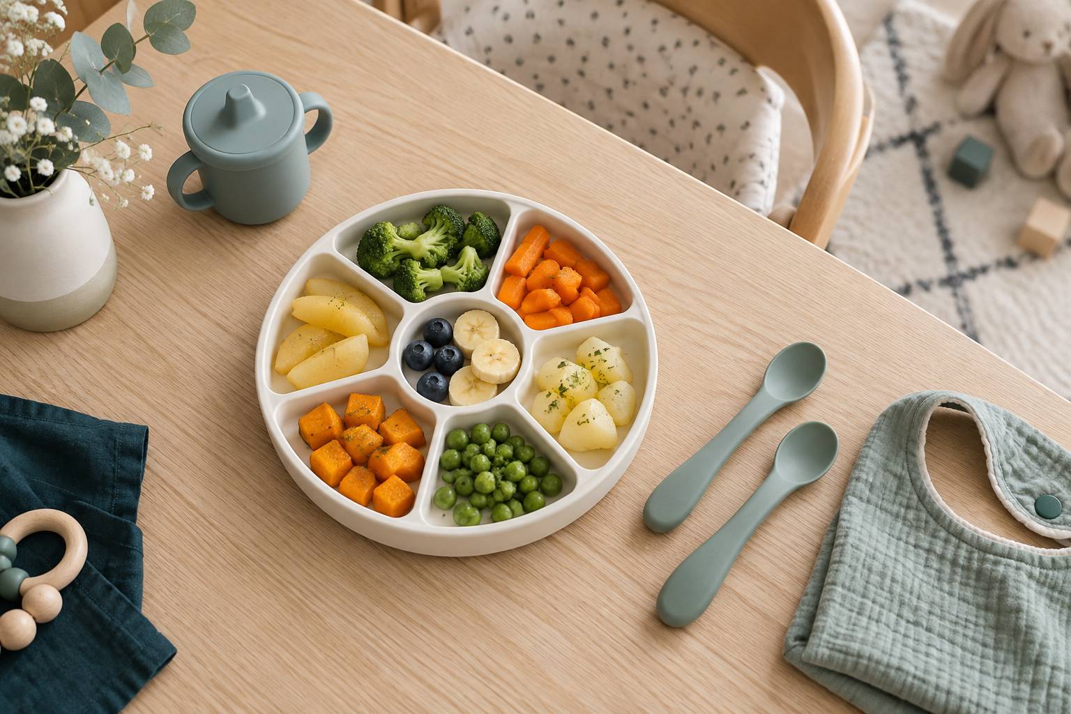 Plateau repas bebe avec morceaux de legumes et cuilleres en silicone