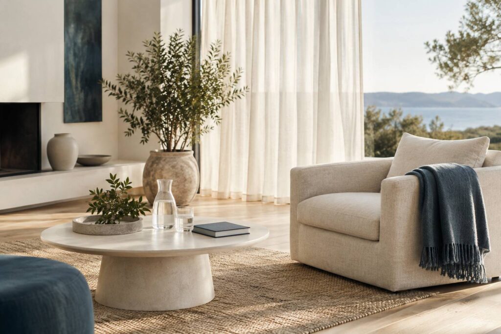 Fauteuil confortable avec plaid dans un interieur lumineux propice a la detente
