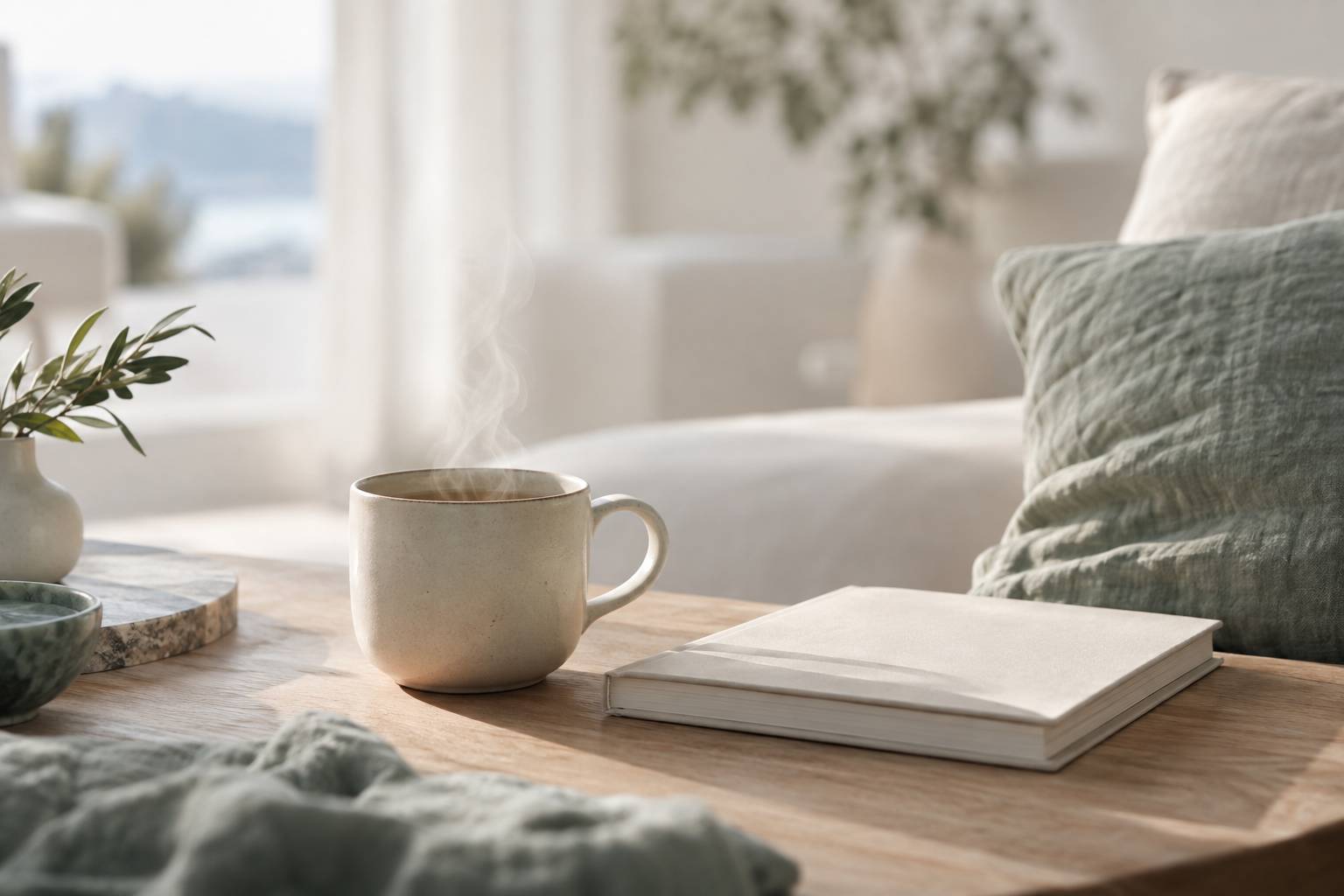 Tasse de tisane fumante et carnet ferme sur une table en bois clair