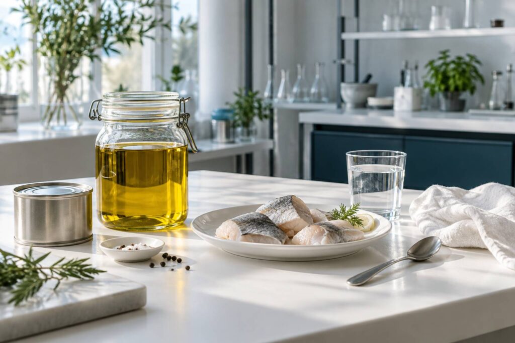 Bocal en verre d'huile dorée et morceaux de poisson sur une table claire de laboratoire