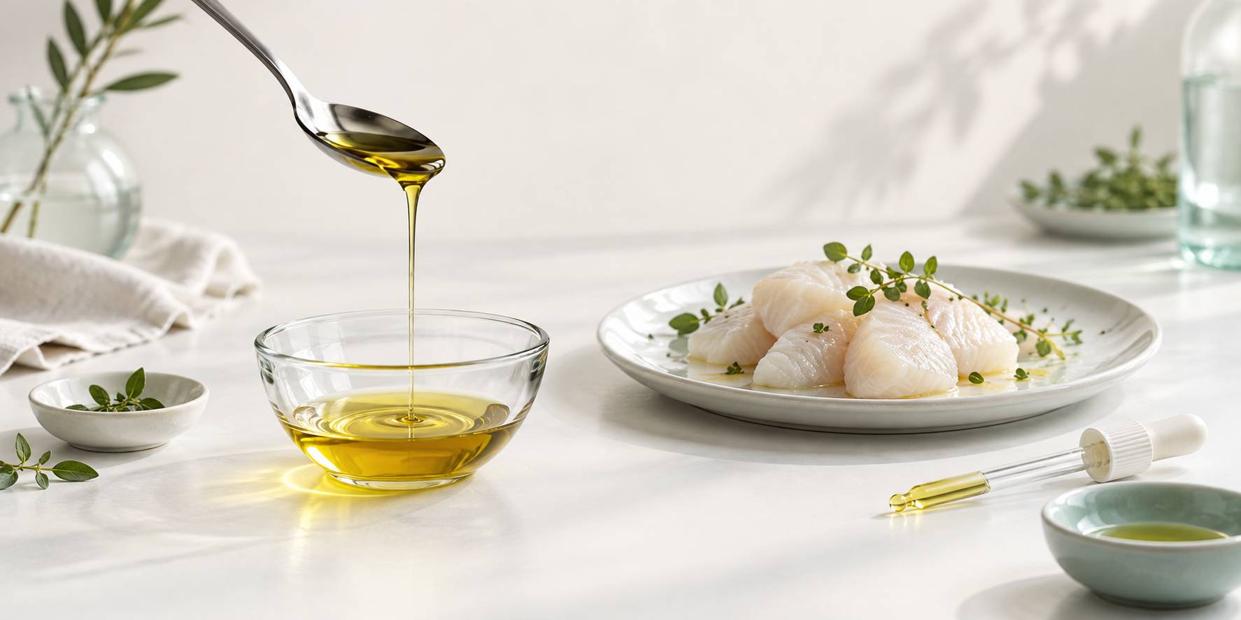 Bocal en verre d'huile dorée et morceaux de poisson sur une table claire de laboratoire