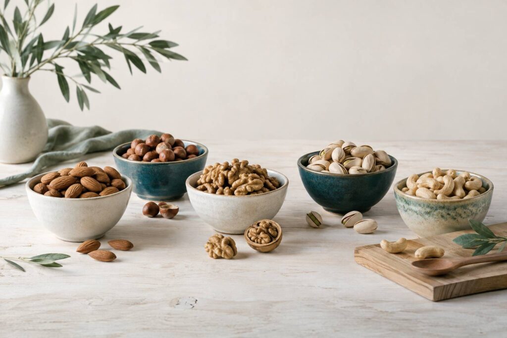 Bols de ceramique avec amandes, noisettes, noix et pistaches sur une table claire