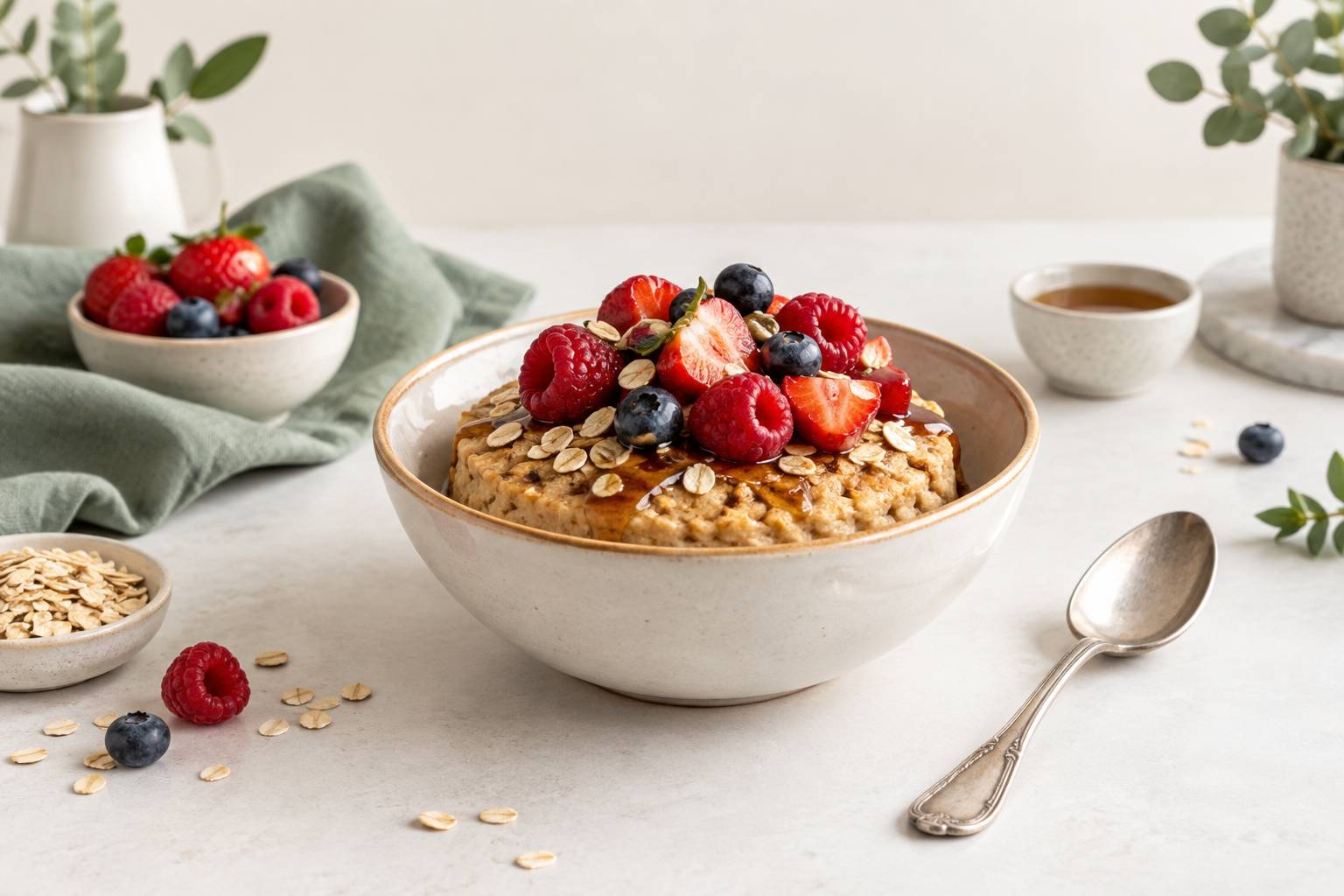 Gros plan sur un bowl cake moelleux garni de flocons et fruits rouges