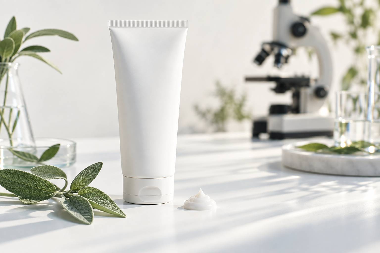 Gros plan sur un tube de crème émolliente et un brin de sauge au laboratoire