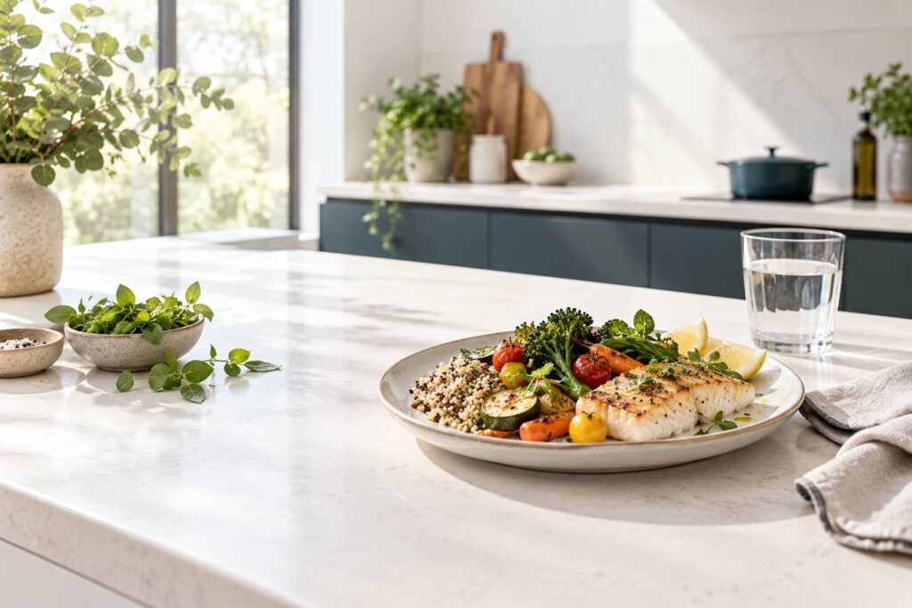 Assiette equilibree de legumes, poisson et cereales completes