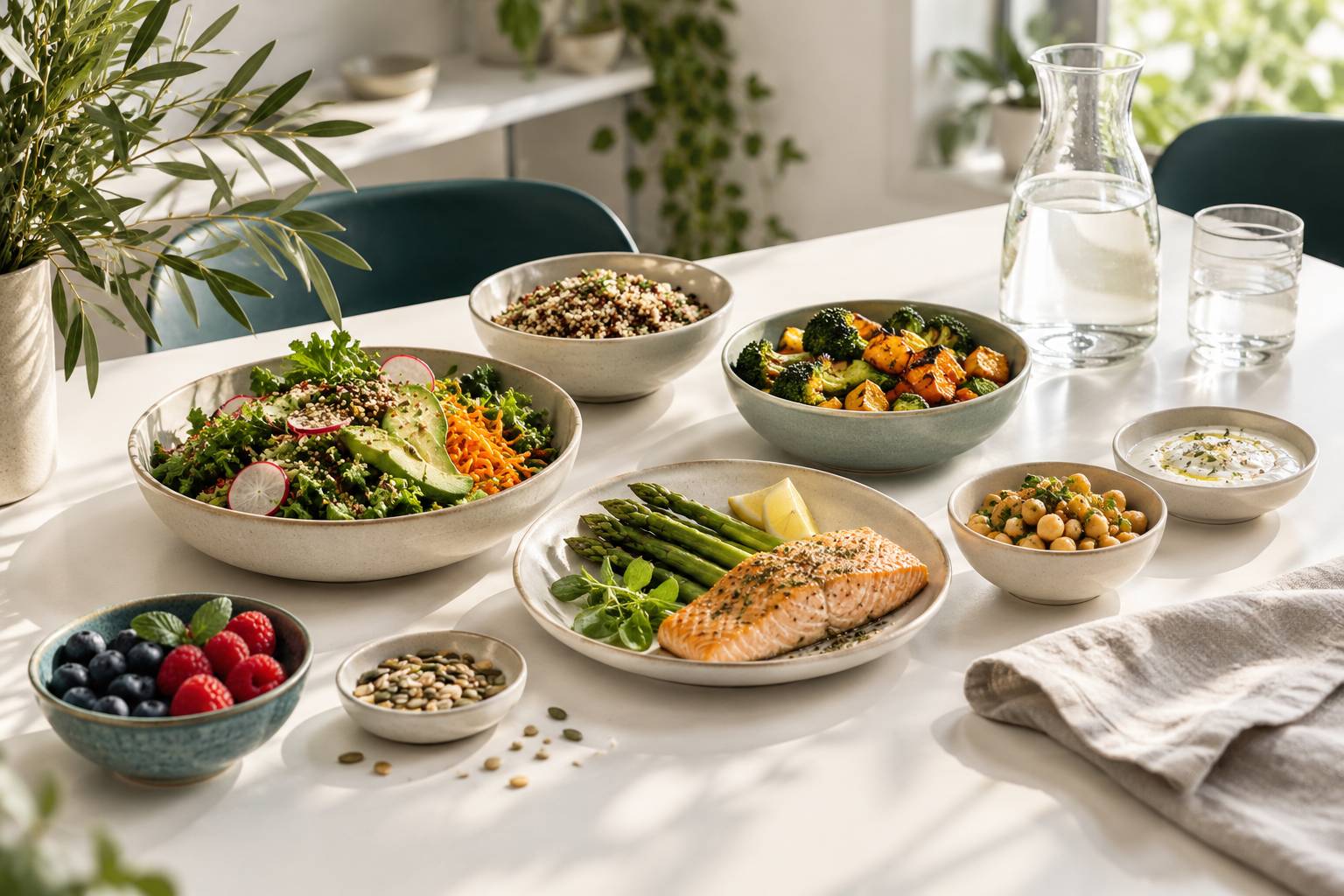 Petits bols d'aliments varies et carafe d'eau sur une table sobre