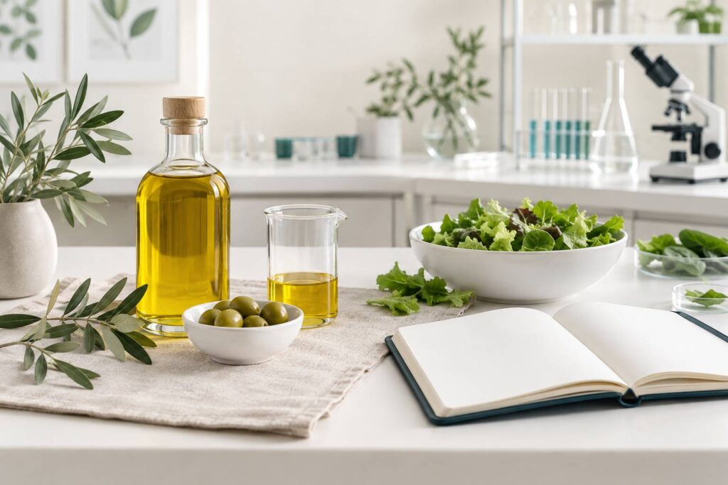 Bouteille d'huile dorée, olives et carnet posés sur une toile de lin