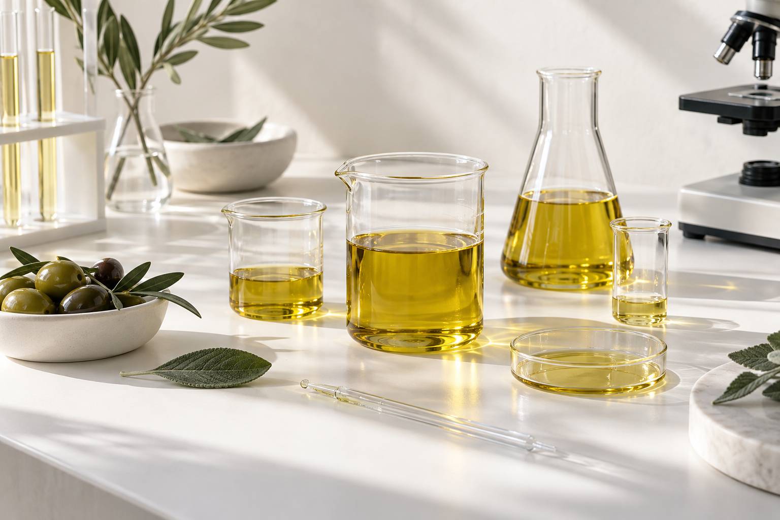 Béchers d'huile dorée et coupelle d'olives sur une paillasse claire