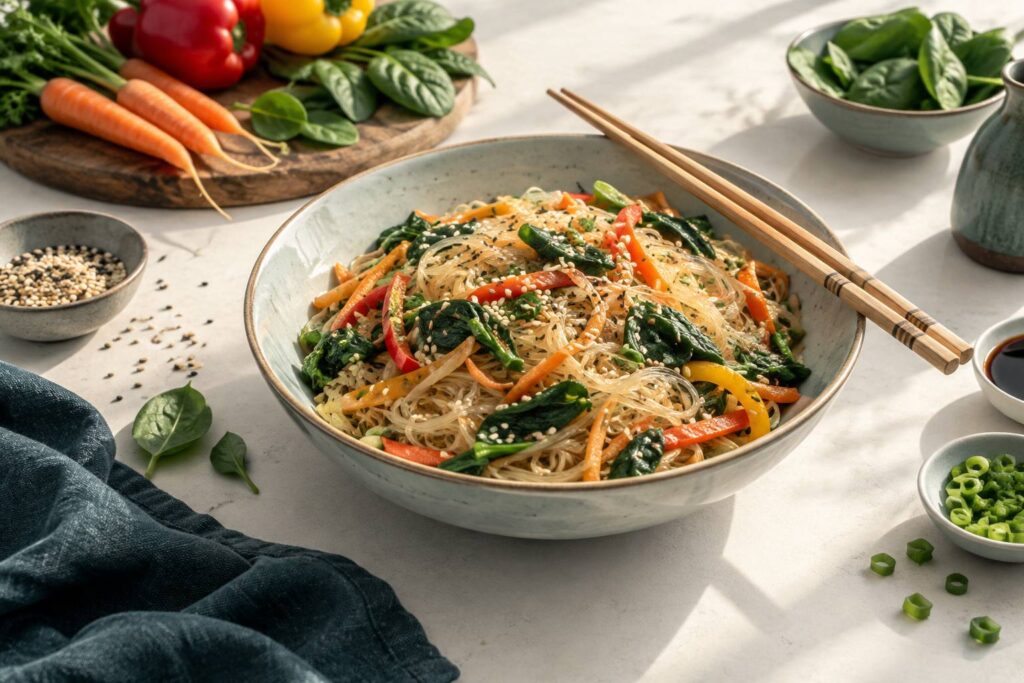 Bol de nouilles japchae aux legumes varies et au sesame